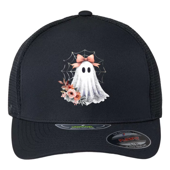 Cute Ghost Floral Coquette Halloween Lace Ghost Women Girl Flexfit Unipanel Trucker Cap