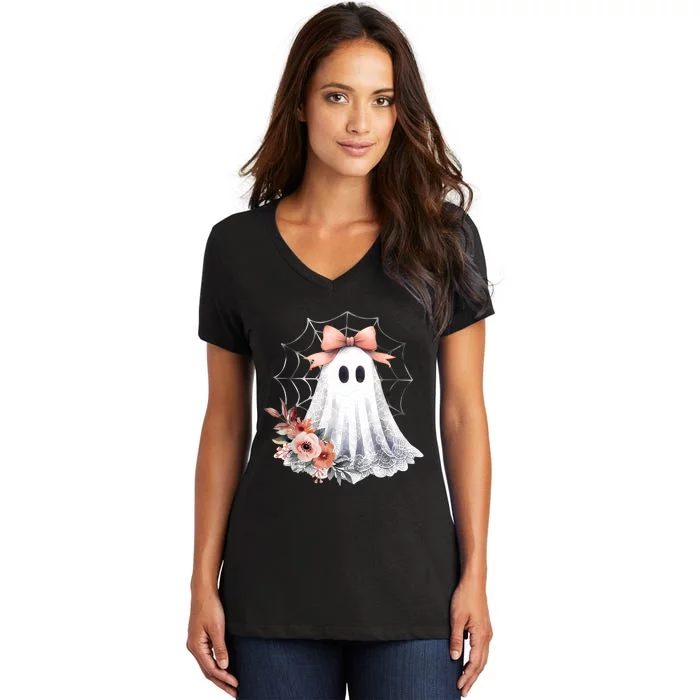 Cute Ghost Floral Coquette Halloween Lace Ghost Women Girl Women's V-Neck T-Shirt