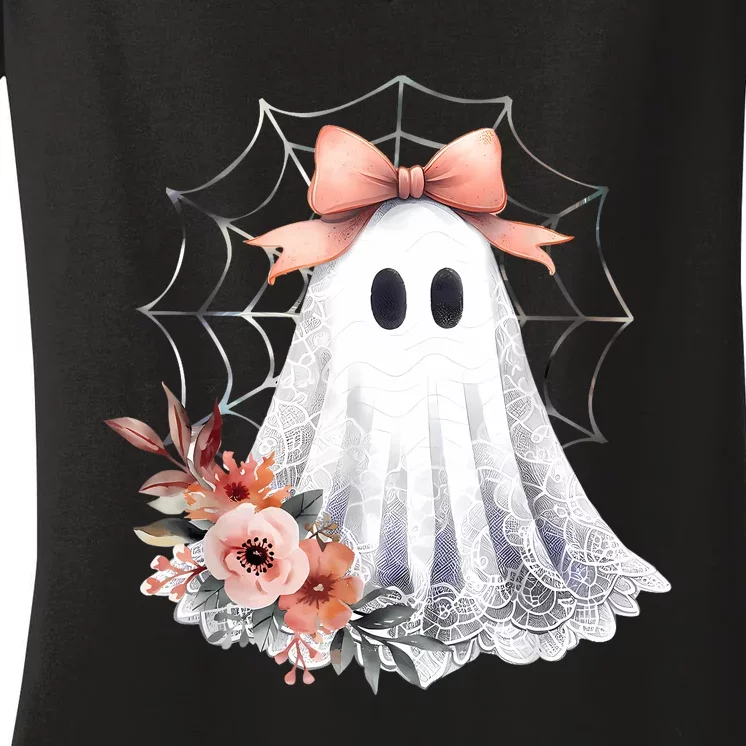 Cute Ghost Floral Coquette Halloween Lace Ghost Women Girl Women's V-Neck T-Shirt