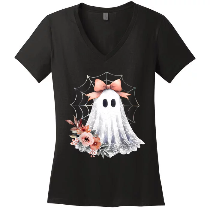 Cute Ghost Floral Coquette Halloween Lace Ghost Women Girl Women's V-Neck T-Shirt