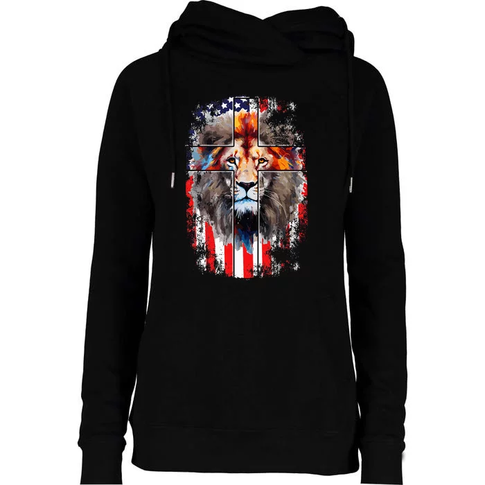 Christian God Faith Us Flag Cross Jesus Lion Of Judah Womens Funnel Neck Pullover Hood