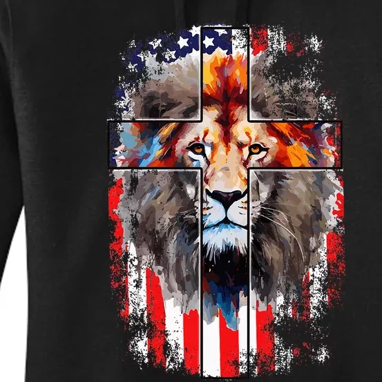 Christian God Faith Us Flag Cross Jesus Lion Of Judah Women's Pullover Hoodie