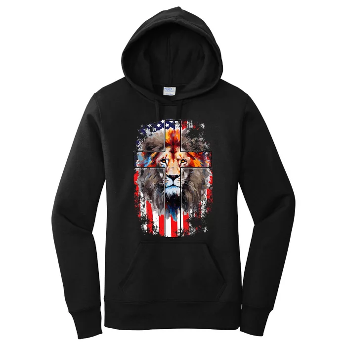 Christian God Faith Us Flag Cross Jesus Lion Of Judah Women's Pullover Hoodie