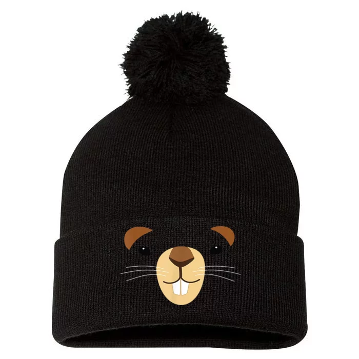 Cute Groundhog Face Pom Pom 12in Knit Beanie