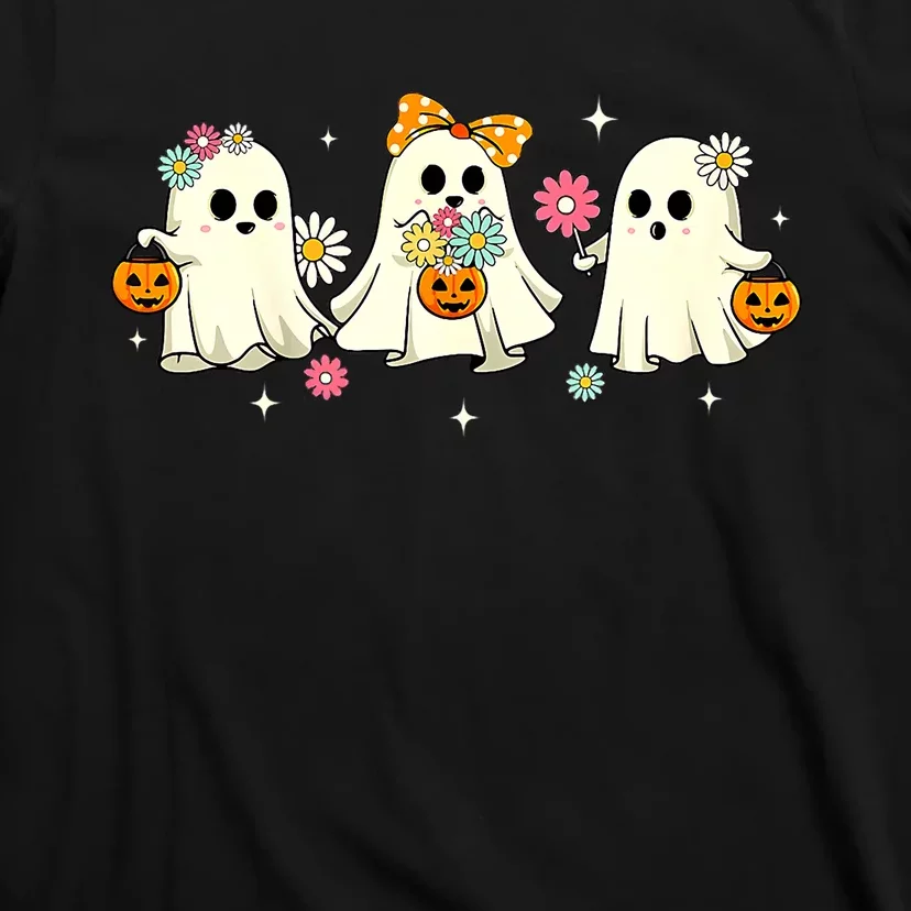 Cute Ghost Floral Groovy Vintage Halloween Spooky Season T-Shirt