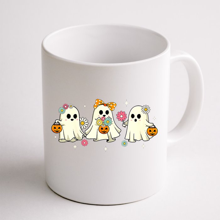 Cute Ghost Floral Groovy Vintage Halloween Spooky Season Front & Back Coffee Mug