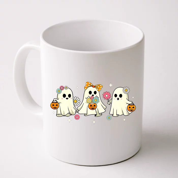 Cute Ghost Floral Groovy Vintage Halloween Spooky Season Front & Back Coffee Mug