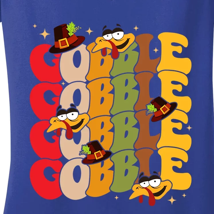 Cute Gobble Gobble Turkey Pilgrim Little Thanksgiving Gift Women's V-Neck T-Shirt