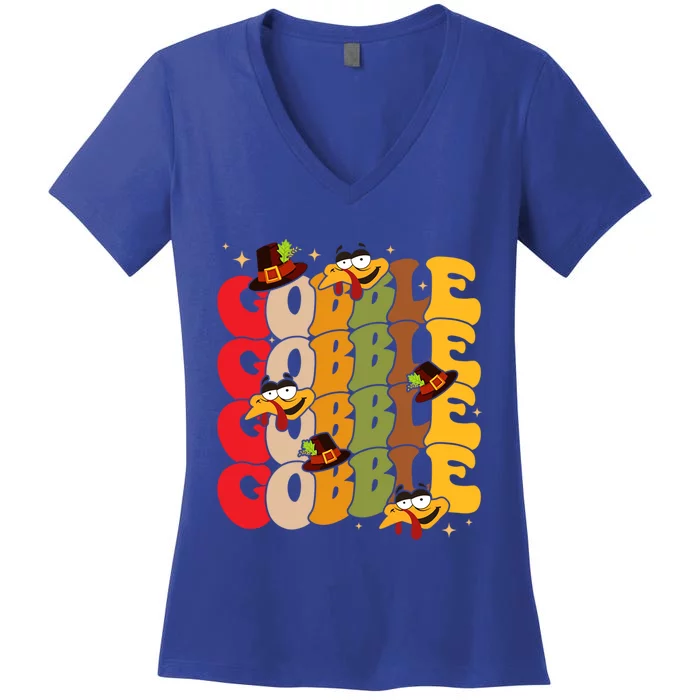 Cute Gobble Gobble Turkey Pilgrim Little Thanksgiving Gift Women's V-Neck T-Shirt