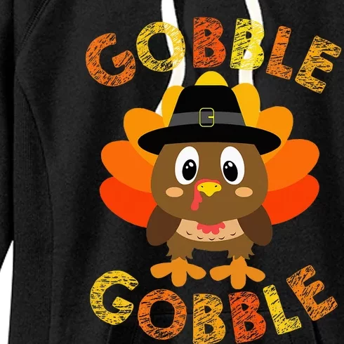 Cute Gobble Gobble Turkey Pilgrim Little Thanksgiving Women's Fleece Hoodie