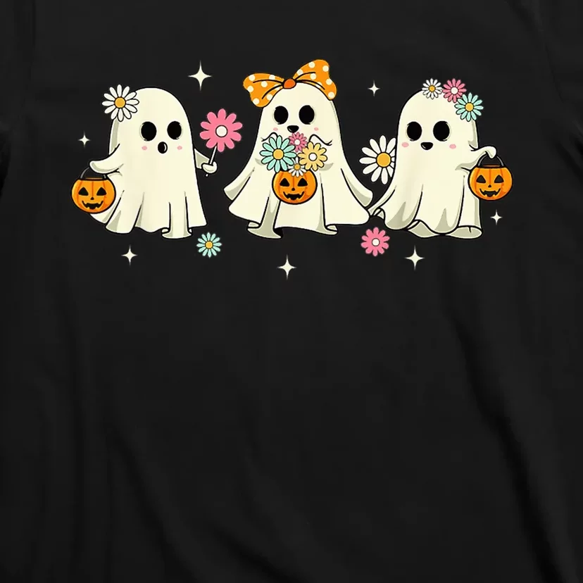 Cute Ghost Groovy Vintage Halloween Spooky Season Floral T-Shirt