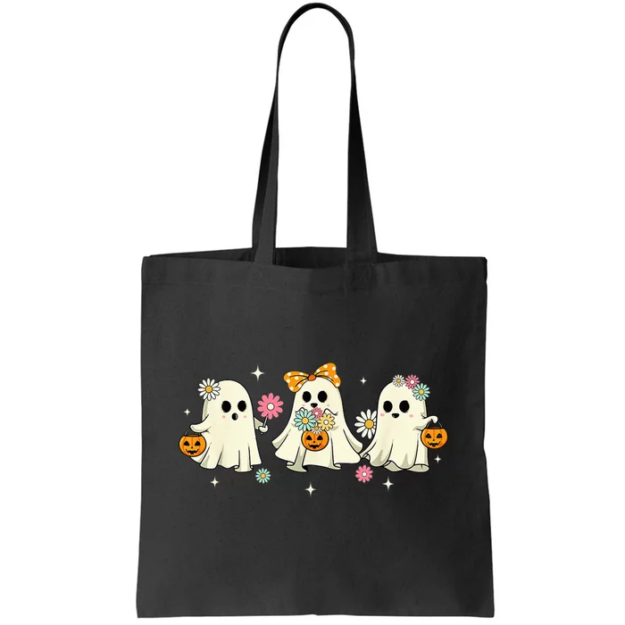 Cute Ghost Groovy Vintage Halloween Spooky Season Floral Tote Bag