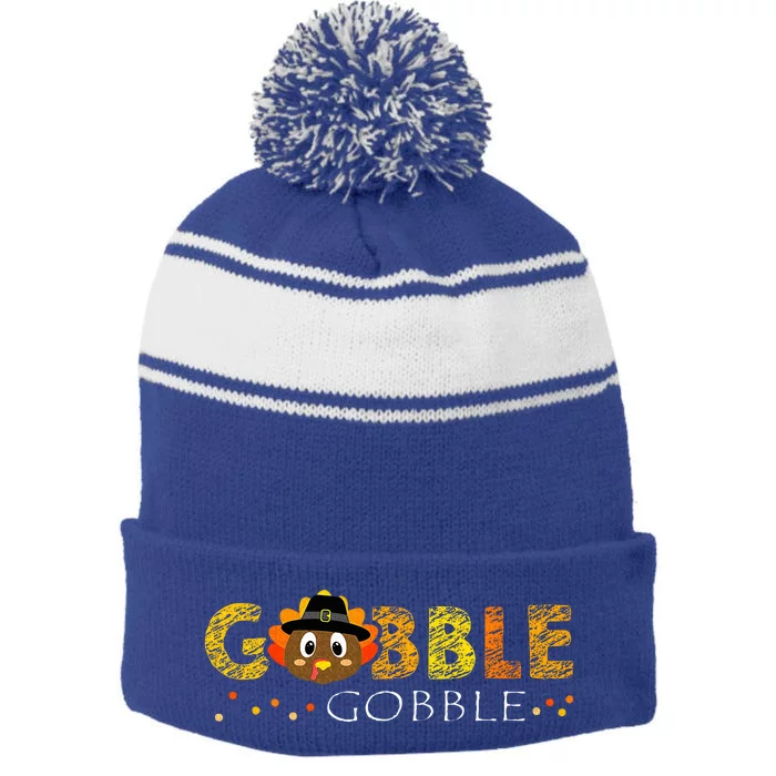 Cute Gobble Gobble Turkey Pilgrim Little Thanksgiving Stripe Pom Pom Beanie