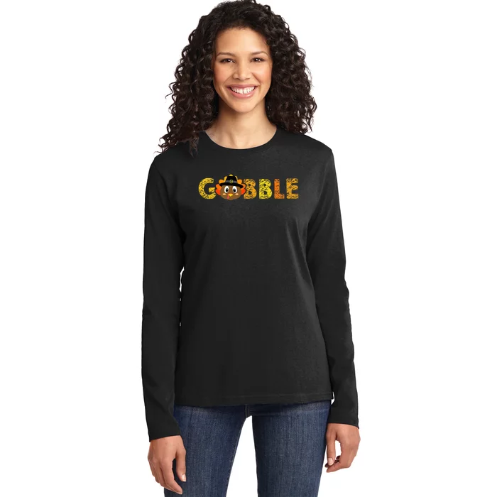 Cute Gobble Gobble Turkey Pilgrim Little Thanksgiving Ladies Long Sleeve Shirt