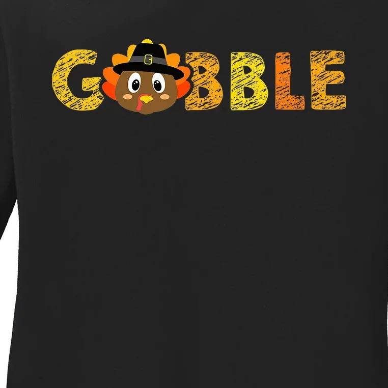 Cute Gobble Gobble Turkey Pilgrim Little Thanksgiving Ladies Long Sleeve Shirt