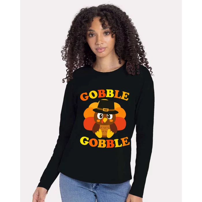 Cute Gobble Gobble Turkey Pilgrim Little Thanksgiving Womens Cotton Relaxed Long Sleeve T-Shirt