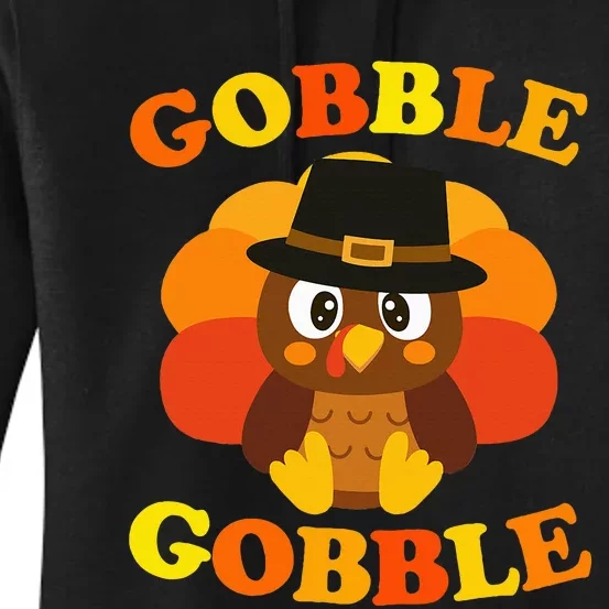 Cute Gobble Gobble Turkey Pilgrim Little Thanksgiving Women's Pullover Hoodie