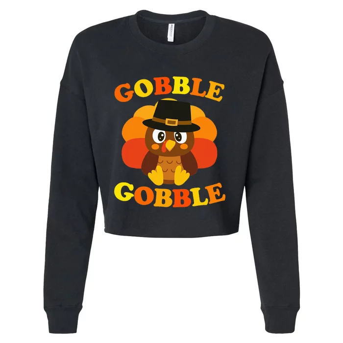 Cute Gobble Gobble Turkey Pilgrim Little Thanksgiving Cropped Pullover Crew