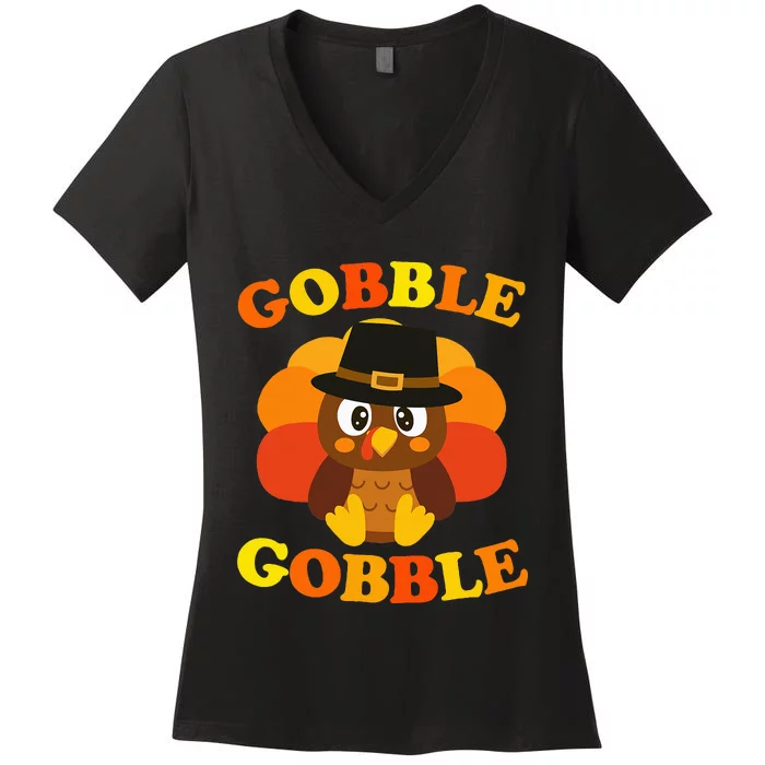 Cute Gobble Gobble Turkey Pilgrim Little Thanksgiving Women's V-Neck T-Shirt