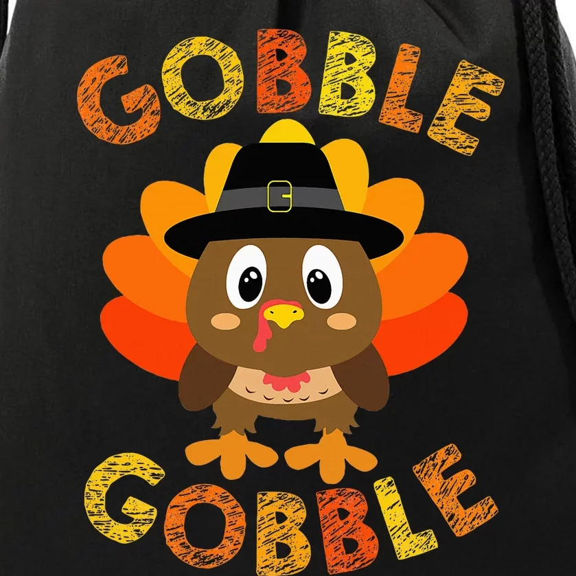 Cute Gobble Gobble Turkey Pilgrim Little Thanksgiving Drawstring Bag