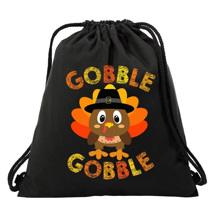 Cute Gobble Gobble Turkey Pilgrim Little Thanksgiving Drawstring Bag