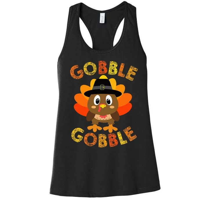 Cute Gobble Gobble Turkey Pilgrim Little Thanksgiving Women's Racerback Tank