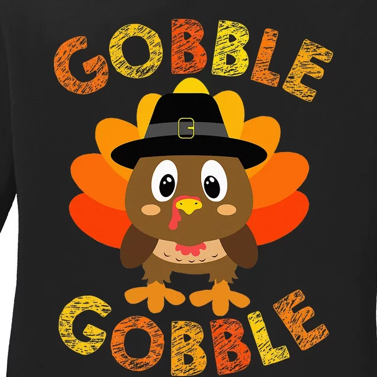 Cute Gobble Gobble Turkey Pilgrim Little Thanksgiving Ladies Long Sleeve Shirt