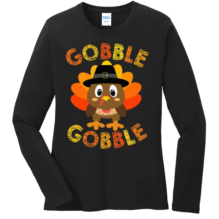 Cute Gobble Gobble Turkey Pilgrim Little Thanksgiving Ladies Long Sleeve Shirt