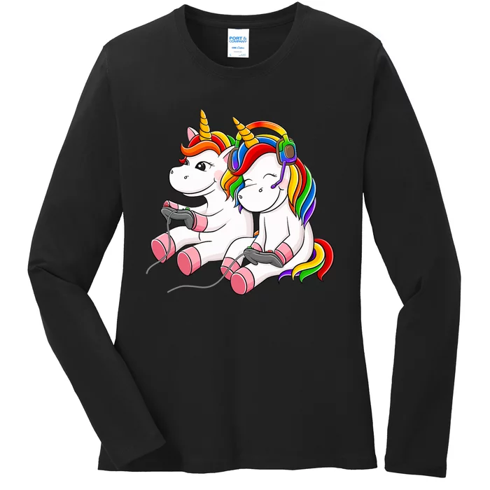 Couple Gaymer Gay Gmaer Unicorn Lgbt Rainbow Flag Pride Ladies Long Sleeve Shirt