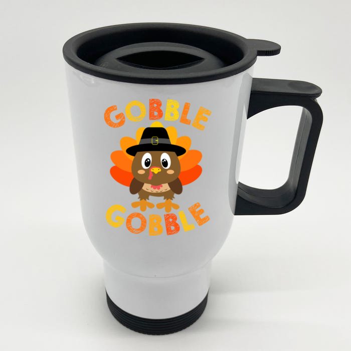 Cute Gobble Gobble Turkey Pilgrim Little Boys Thanksgiving Front & Back Stainless Steel Travel Mug