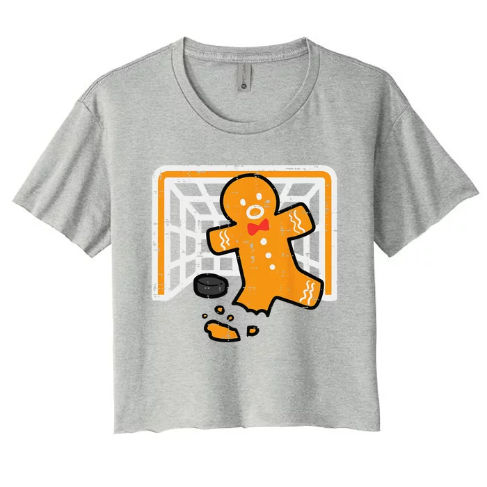 Christmas Gingerbread Hockey Goalkeeper Funny Xmas Goalie Women's Crop Top Tee