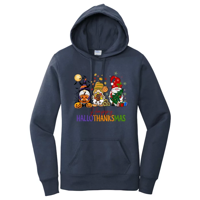 Cute Gnomes Happy Hallothanksmas Coffee Halloween Thanksgiving Christmas Women's Pullover Hoodie