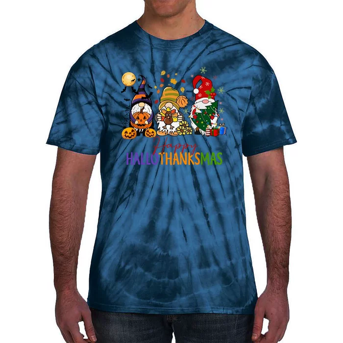 Cute Gnomes Happy Hallothanksmas Coffee Halloween Thanksgiving Christmas Tie-Dye T-Shirt