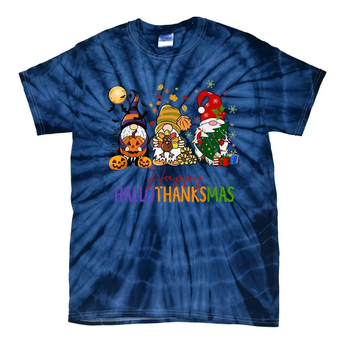 Cute Gnomes Happy Hallothanksmas Coffee Halloween Thanksgiving Christmas Tie-Dye T-Shirt