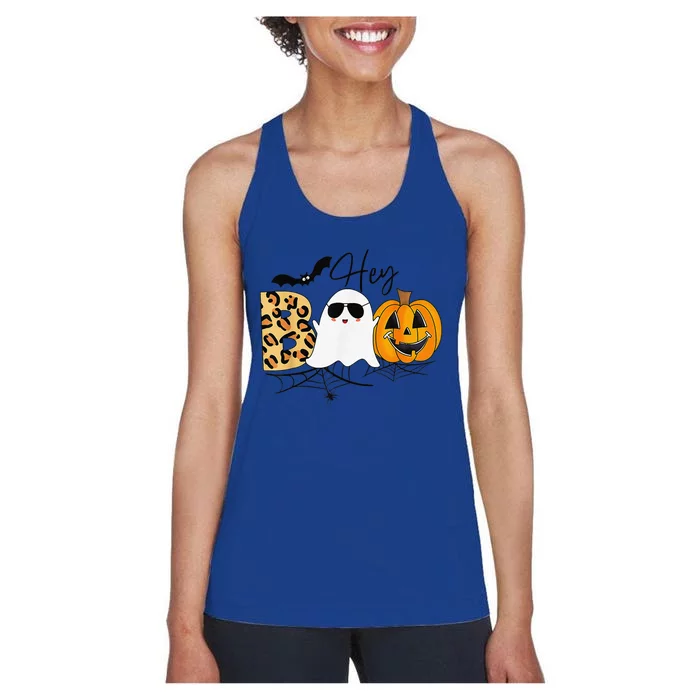 Cute Ghost Halloween Pumpkin Face Hey Boo Funny Halloween Women's Racerback Tank