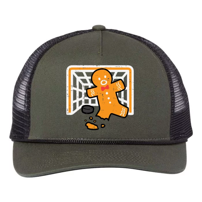 Christmas Gingerbread Hockey Goalkeeper Funny Xmas Goalie Gift Retro Rope Trucker Hat Cap