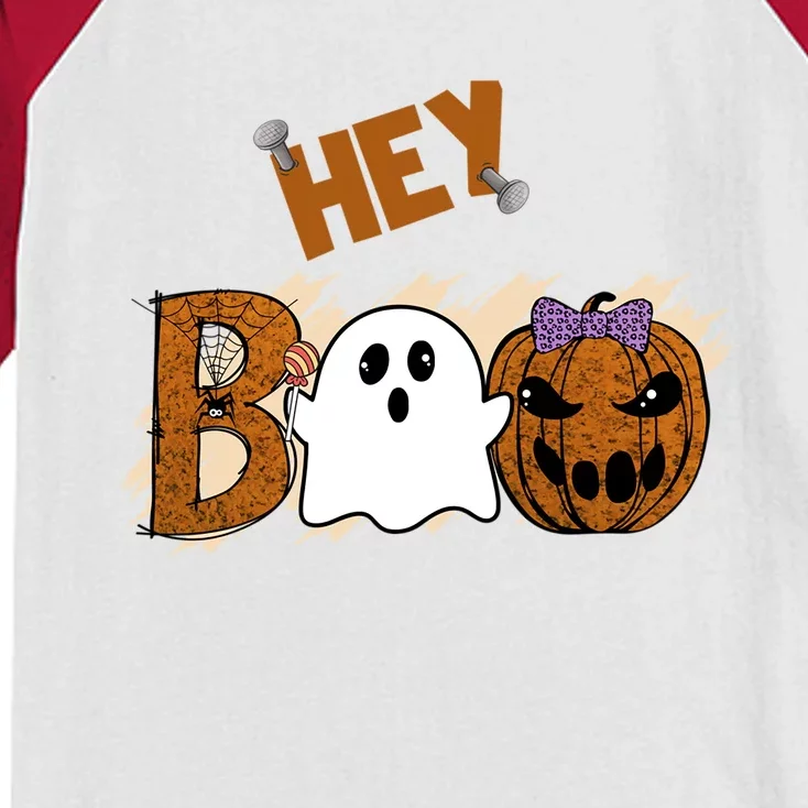 Cute Ghost Halloween Pumpkin Face Hey Boo Funny Meaningful Gift Kids Colorblock Raglan Jersey