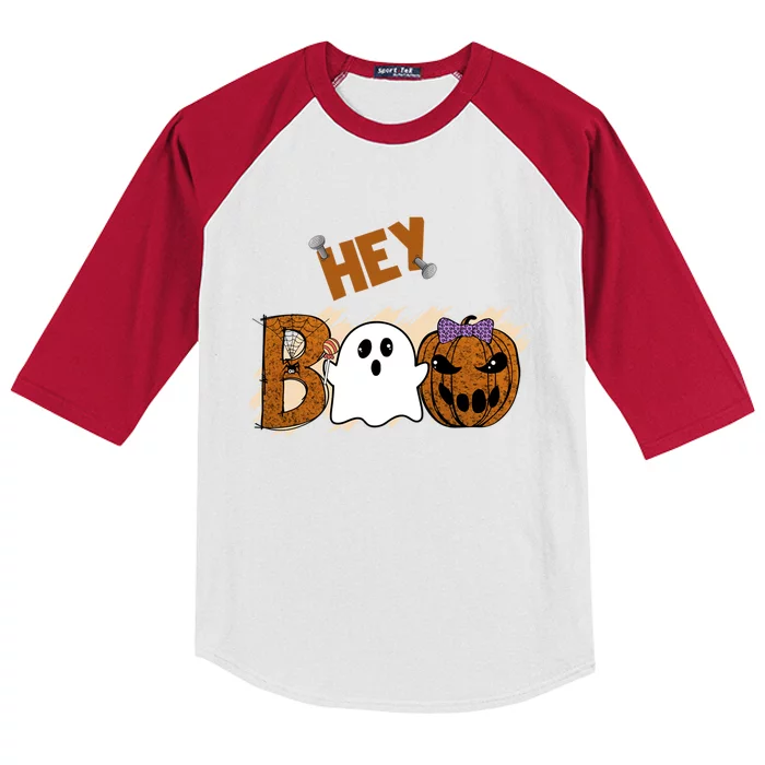 Cute Ghost Halloween Pumpkin Face Hey Boo Funny Meaningful Gift Kids Colorblock Raglan Jersey