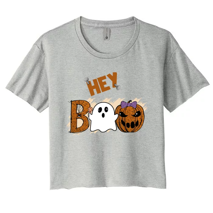 Cute Ghost Halloween Pumpkin Face Hey Boo Funny Meaningful Gift Women's Crop Top Tee