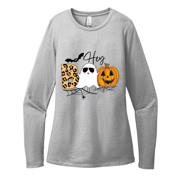 Cute Ghost Halloween Pumpkin Face Hey Boo Trendy Halloween Womens CVC Long Sleeve Shirt