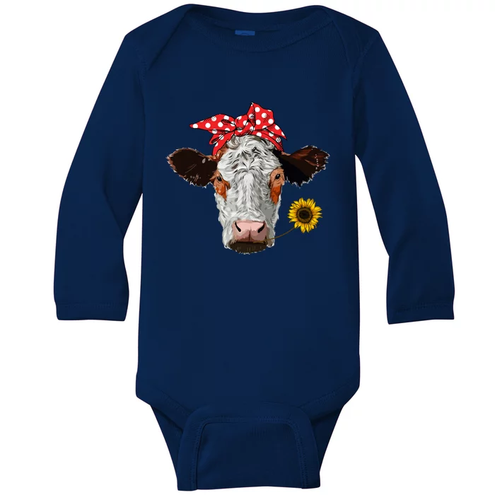 Cute Girl Heifer Cow With Bandana Headband And Glasses Gift Baby Long Sleeve Bodysuit