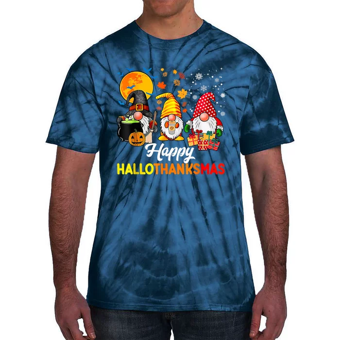 Cute Gnomes Happy Hallothanksmas Funny Halloween Christmas Tie-Dye T-Shirt