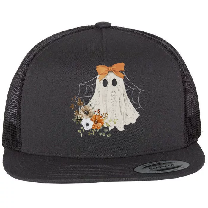 Coquette Ghost Halloween Flower Ghost Spooky Lace Ghost Gift Flat Bill Trucker Hat