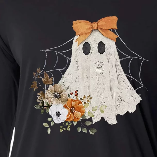 Coquette Ghost Halloween Flower Ghost Spooky Lace Ghost Gift Cooling Performance Long Sleeve Crew