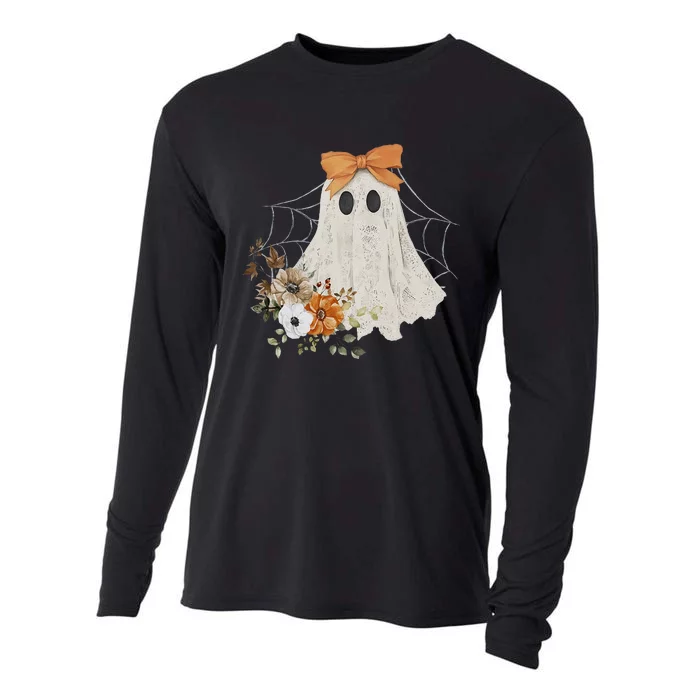 Coquette Ghost Halloween Flower Ghost Spooky Lace Ghost Gift Cooling Performance Long Sleeve Crew