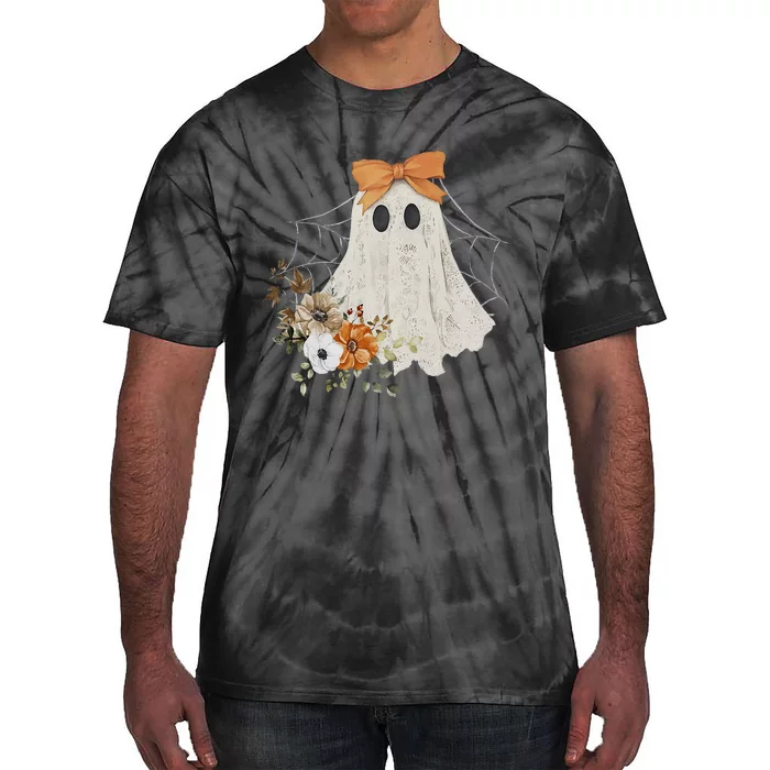 Coquette Ghost Halloween Flower Ghost Spooky Lace Ghost Gift Tie-Dye T-Shirt