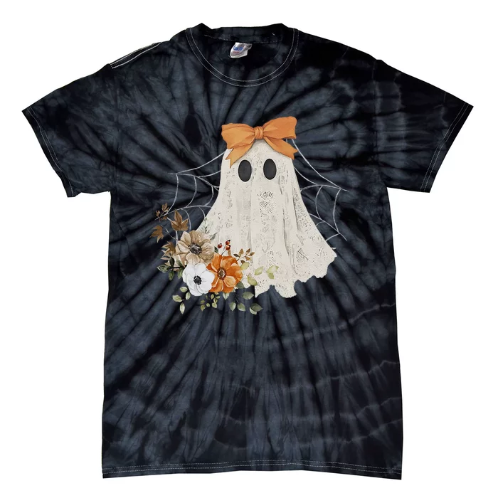 Coquette Ghost Halloween Flower Ghost Spooky Lace Ghost Gift Tie-Dye T-Shirt