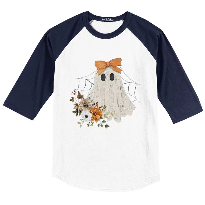 Coquette Ghost Halloween Flower Ghost Spooky Lace Ghost Gift Baseball Sleeve Shirt