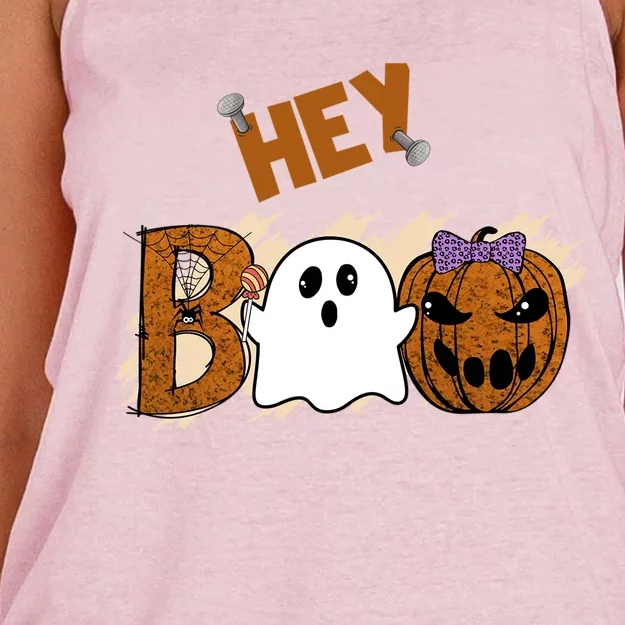 Cute Ghost Halloween Pumpkin Face Hey Boo Funny Gift Women's Knotted Racerback Tank