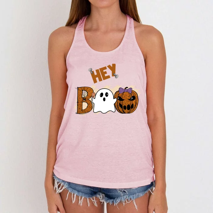 Cute Ghost Halloween Pumpkin Face Hey Boo Funny Gift Women's Knotted Racerback Tank